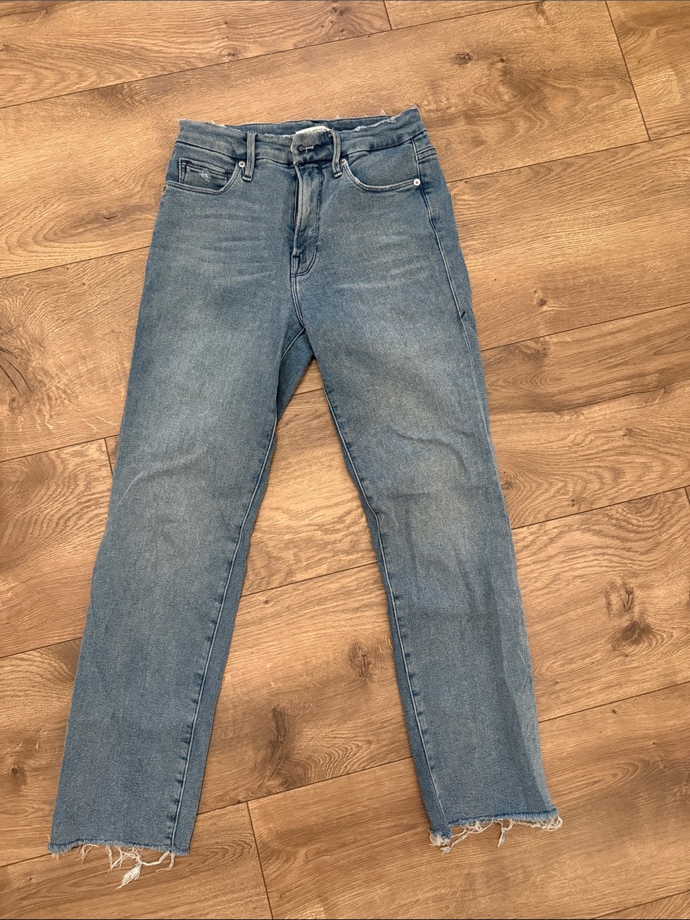 Good American Mid Blue Straight Leg Jeans with Raw Hem